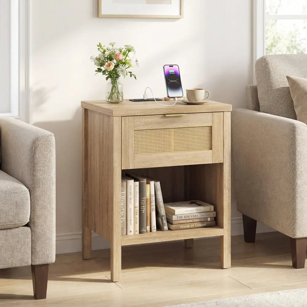 Rattan Nightstand with Charging Station and Storage Shelf for Bedroom-Oak - Oak - Nightstands