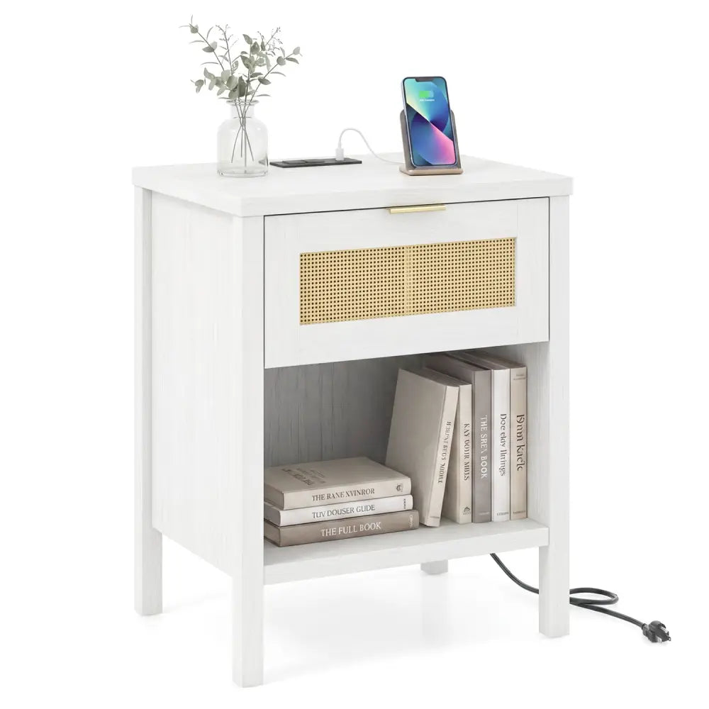 Rattan Nightstand with Charging Station and Storage Shelf for Bedroom-White - White - Nightstands