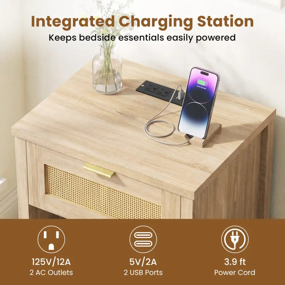 Rattan Nightstand with Charging Station and Storage Shelf for Bedroom-Oak - Oak - Nightstands