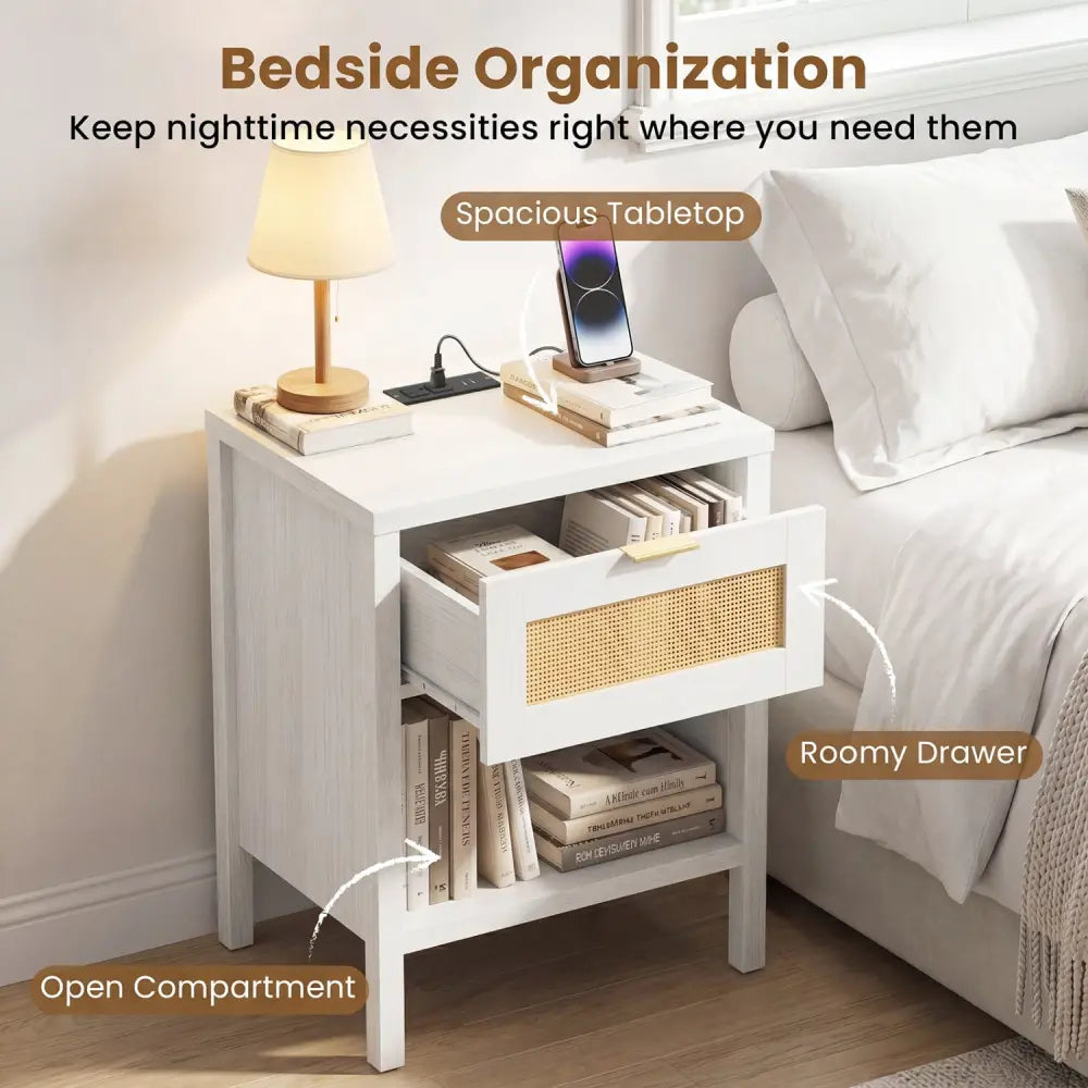 Rattan Nightstand with Charging Station and Storage Shelf for Bedroom-White - White - Nightstands