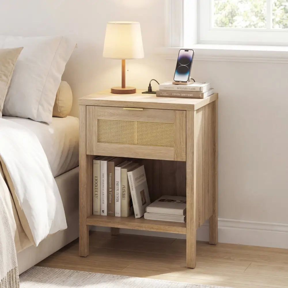 Rattan Nightstand with Charging Station and Storage Shelf for Bedroom-Oak - Oak - Nightstands