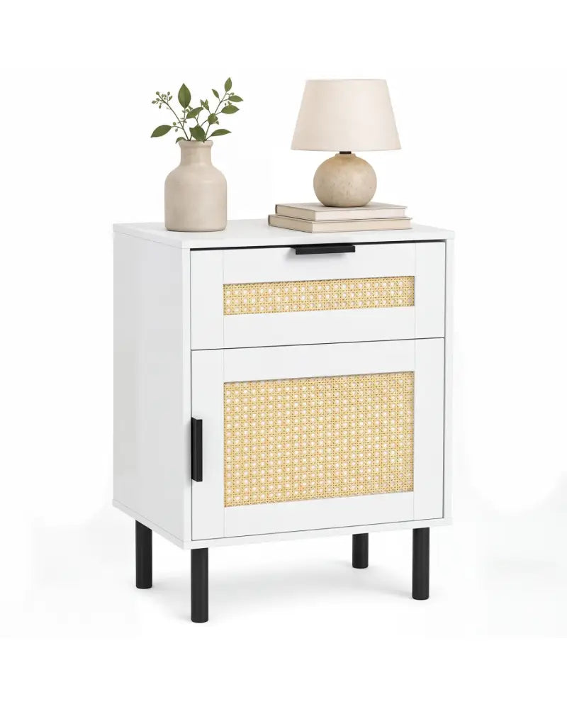 Rattan Nightstand with Drawer and Storage Cabinet for Bedroom Dorm-White - White - Nightstands