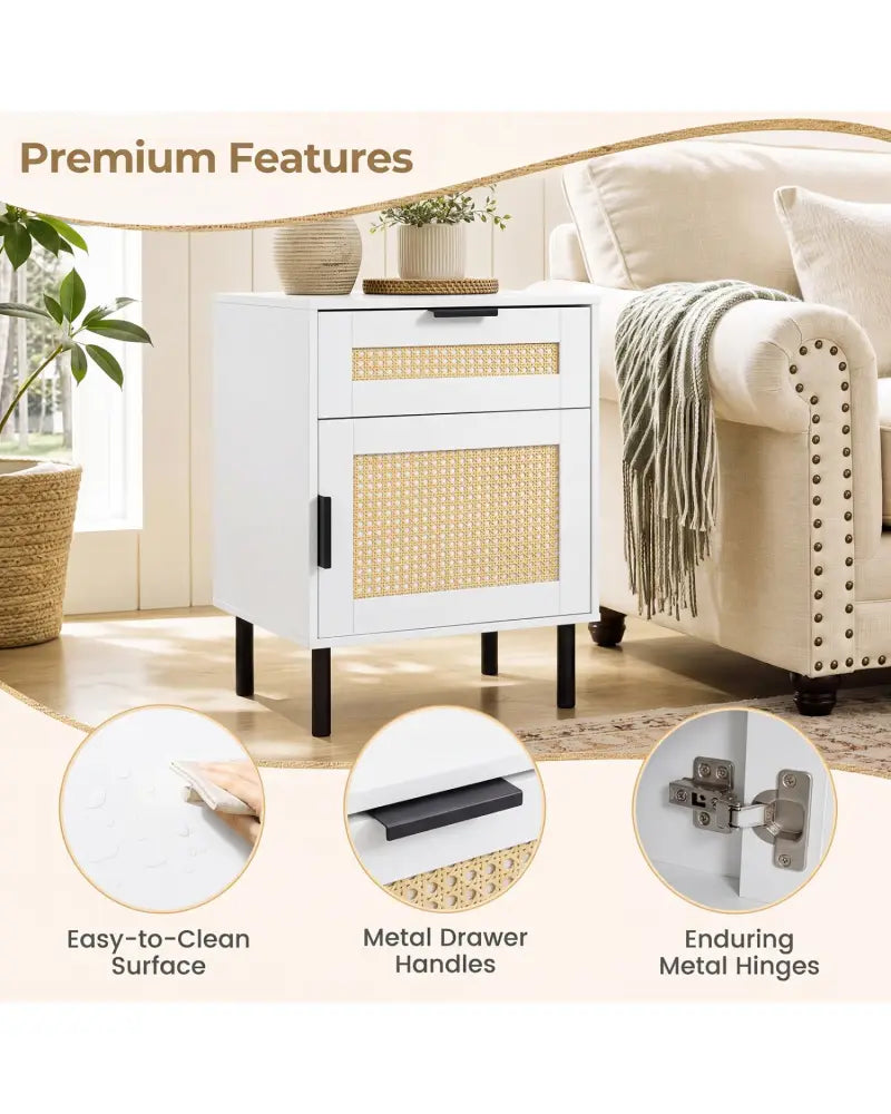Rattan Nightstand with Drawer and Storage Cabinet for Bedroom Dorm-White - White - Nightstands