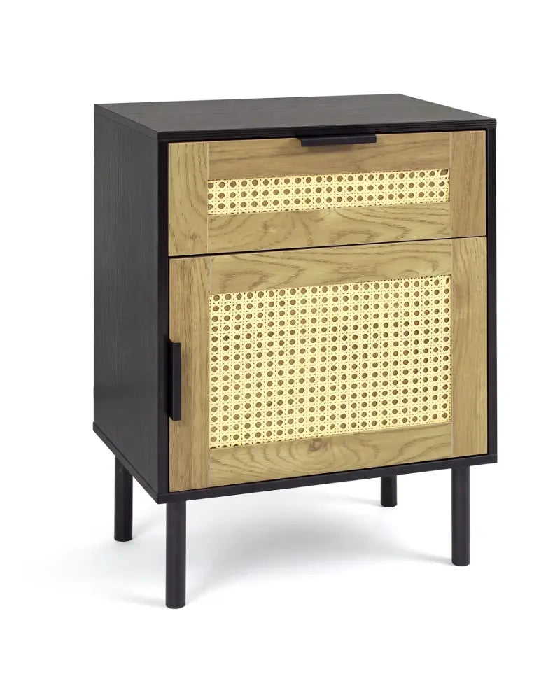 Rattan Nightstand with Drawer and Storage Cabinet for Bedroom Dorm-Black - Black - Nightstands