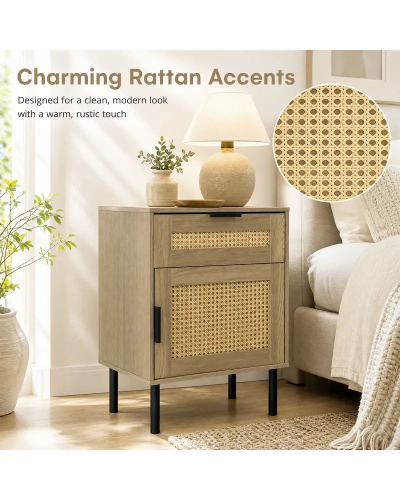 Rattan Nightstand with Drawer and Storage Cabinet for Bedroom Dorm-Natrual - Natural - Nightstands