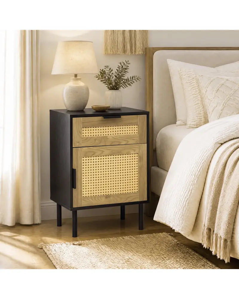 Rattan Nightstand with Drawer and Storage Cabinet for Bedroom Dorm-Black - Black - Nightstands