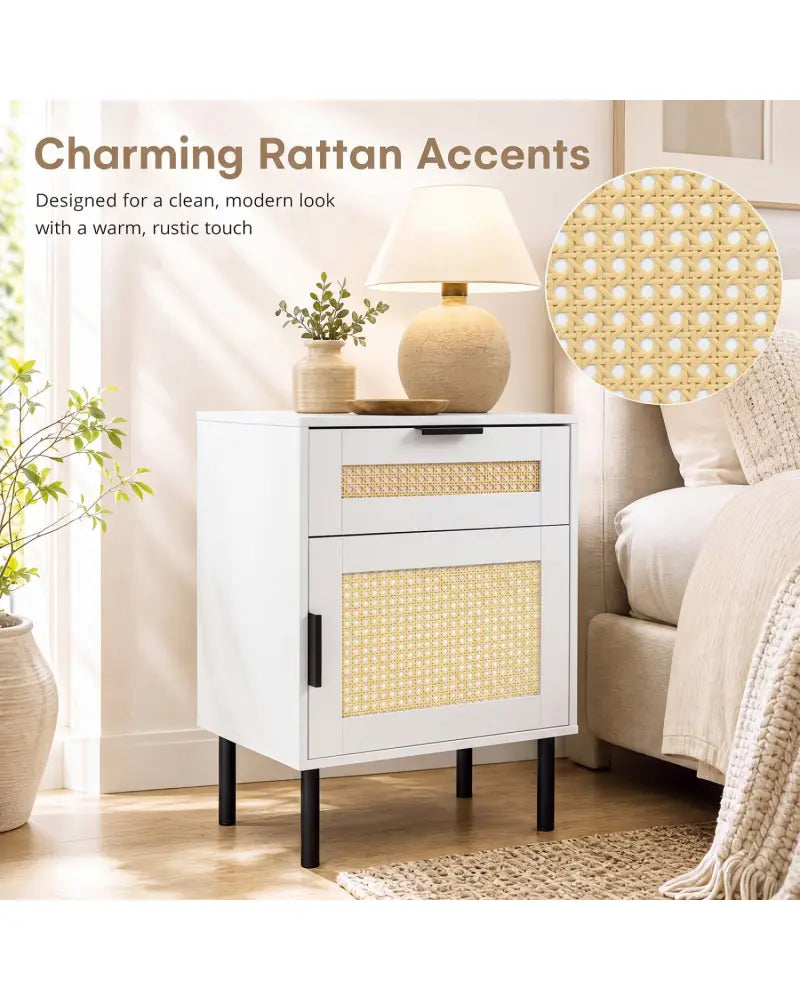 Rattan Nightstand with Drawer and Storage Cabinet for Bedroom Dorm-White - White - Nightstands