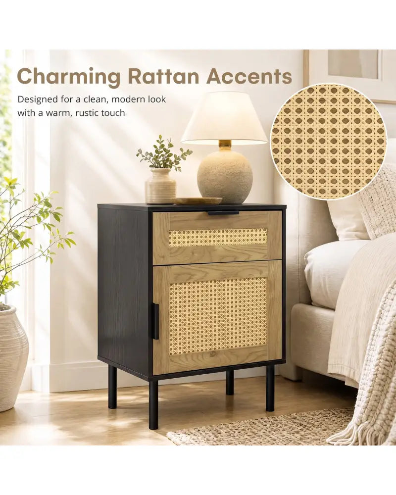 Rattan Nightstand with Drawer and Storage Cabinet for Bedroom Dorm-Black - Black - Nightstands