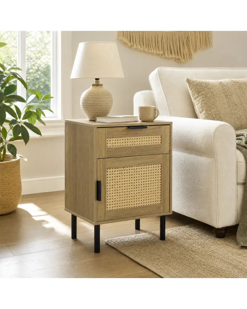 Rattan Nightstand with Drawer and Storage Cabinet for Bedroom Dorm-Natrual - Natural - Nightstands