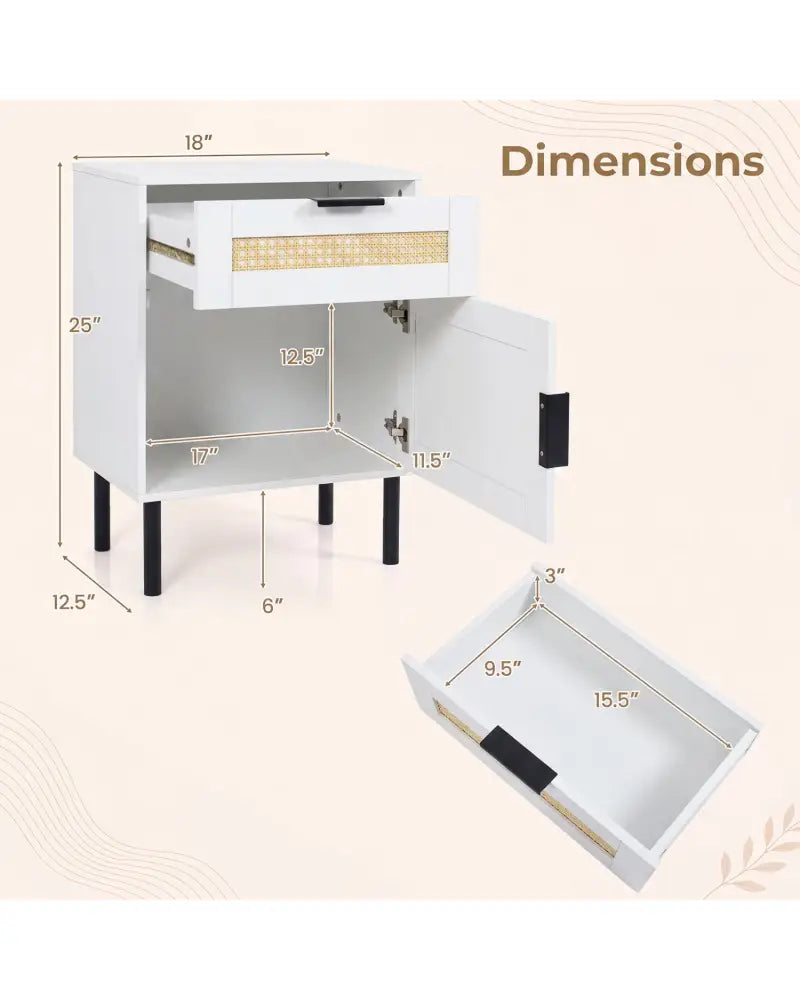Rattan Nightstand with Drawer and Storage Cabinet for Bedroom Dorm-White - White - Nightstands