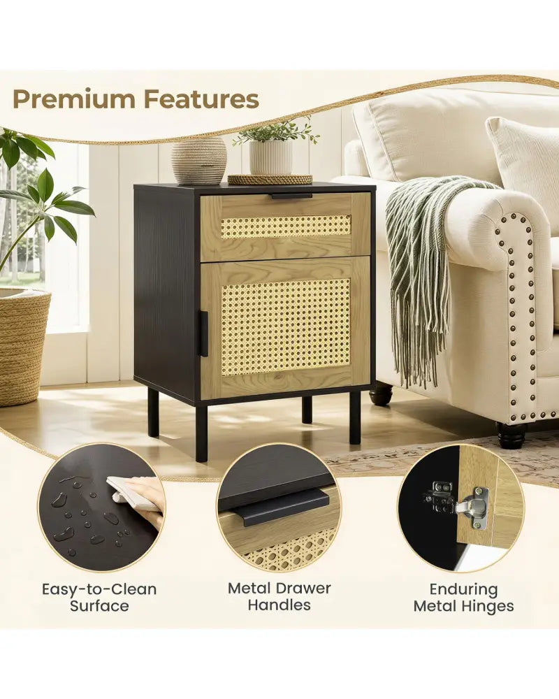 Rattan Nightstand with Drawer and Storage Cabinet for Bedroom Dorm-Black - Black - Nightstands