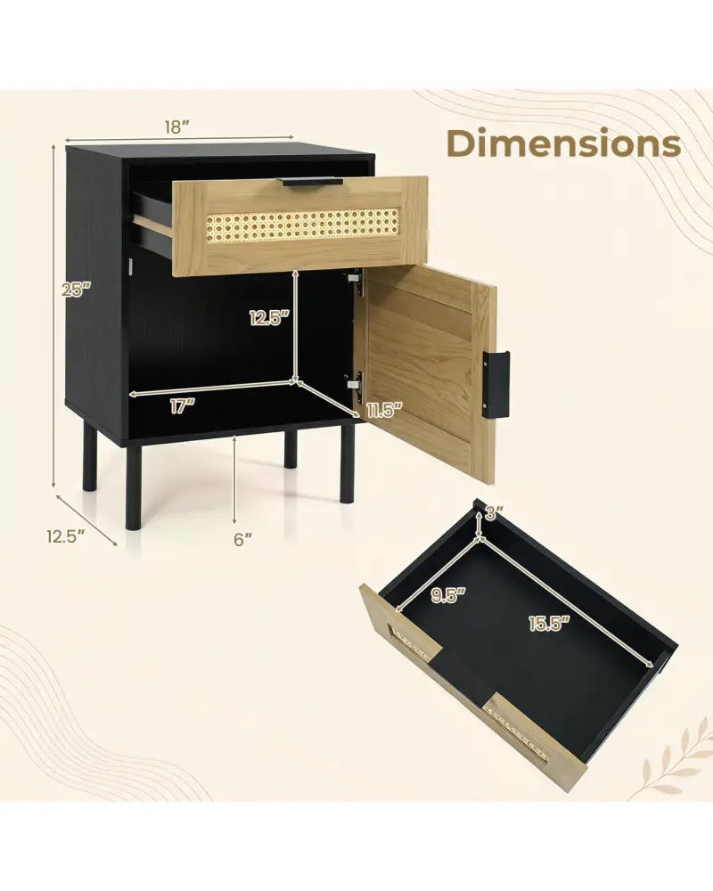 Rattan Nightstand with Drawer and Storage Cabinet for Bedroom Dorm-Black - Black - Nightstands