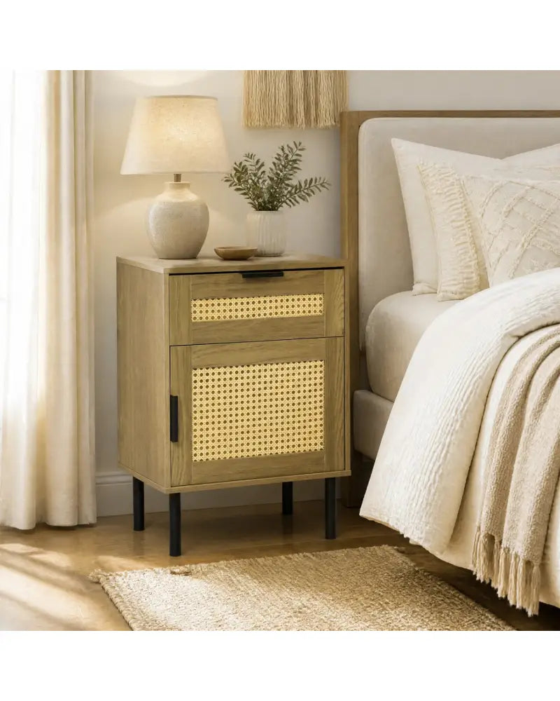 Rattan Nightstand with Drawer and Storage Cabinet for Bedroom Dorm-Natrual - Natural - Nightstands