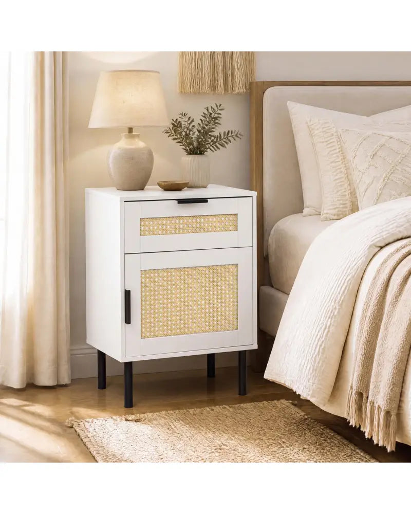 Rattan Nightstand with Drawer and Storage Cabinet for Bedroom Dorm-White - White - Nightstands