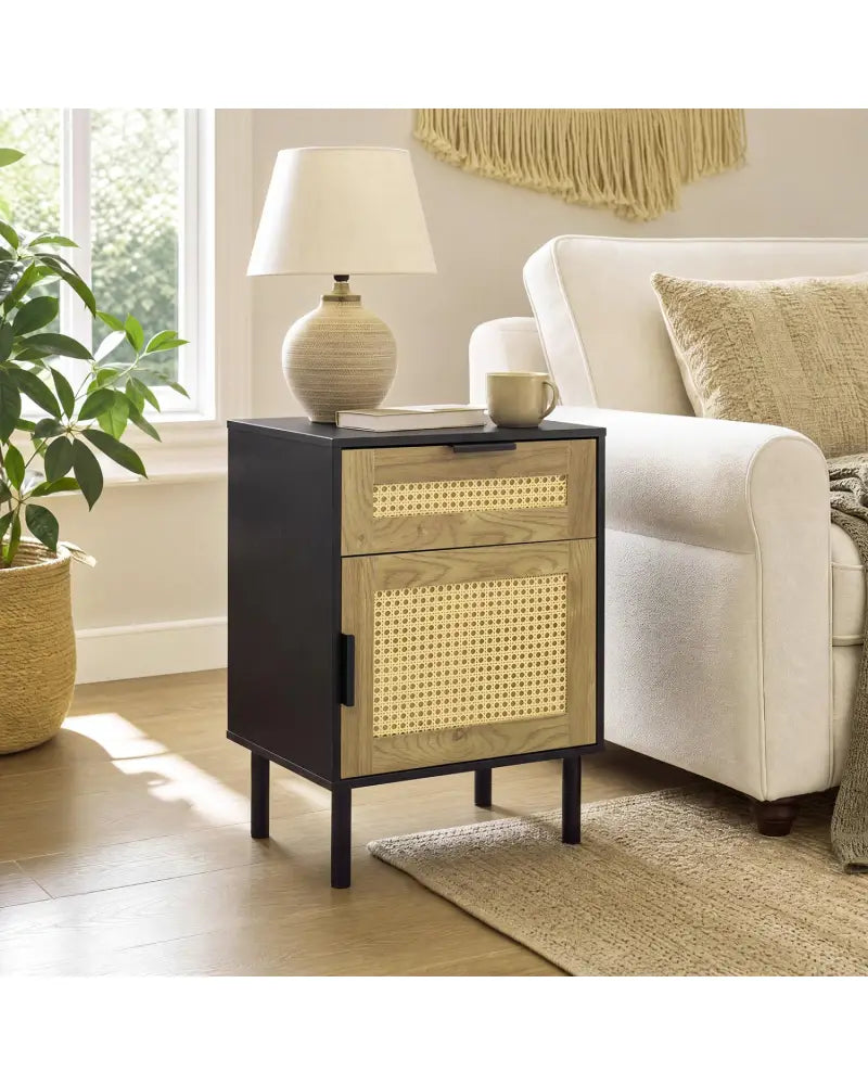 Rattan Nightstand with Drawer and Storage Cabinet for Bedroom Dorm-Black - Black - Nightstands