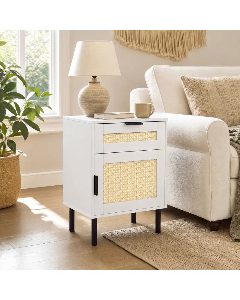 Rattan Nightstand with Drawer and Storage Cabinet for Bedroom Dorm-White - White - Nightstands