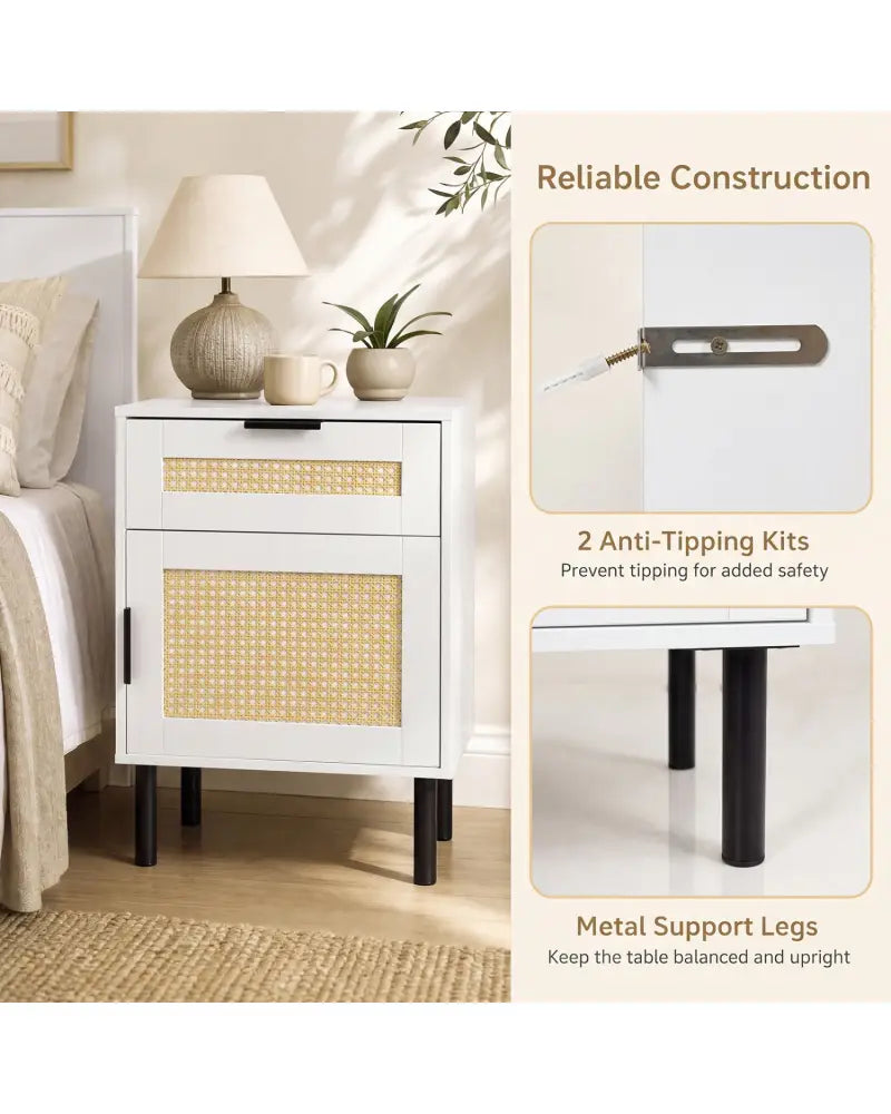 Rattan Nightstand with Drawer and Storage Cabinet for Bedroom Dorm-White - White - Nightstands