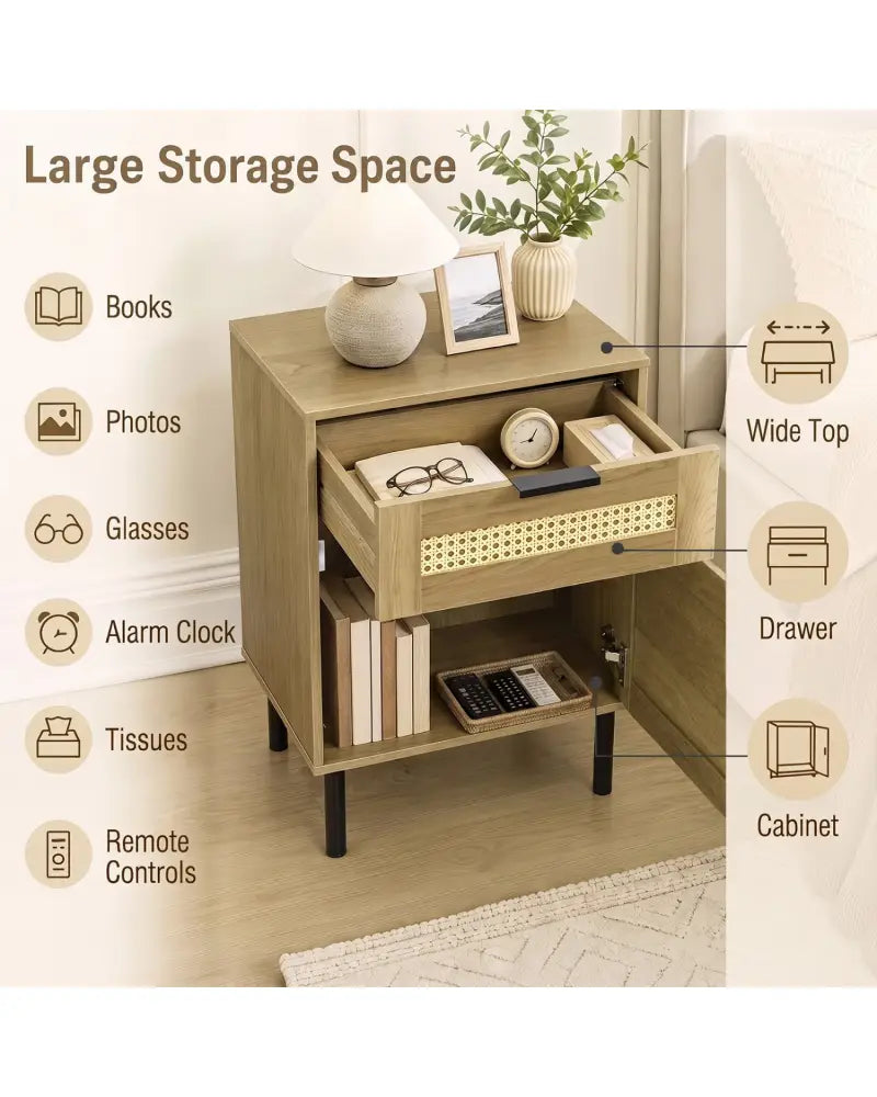 Rattan Nightstand with Drawer and Storage Cabinet for Bedroom Dorm-Natrual - Natural - Nightstands