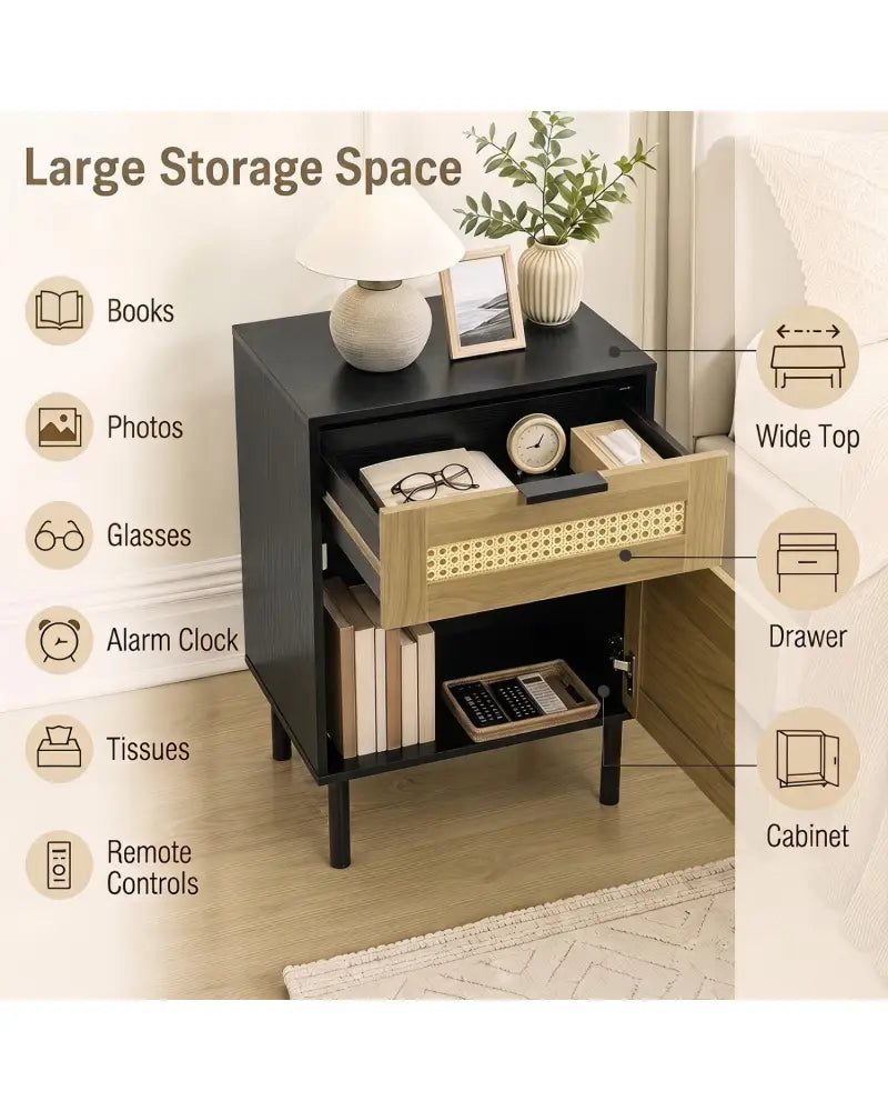 Rattan Nightstand with Drawer and Storage Cabinet for Bedroom Dorm-Black - Black - Nightstands