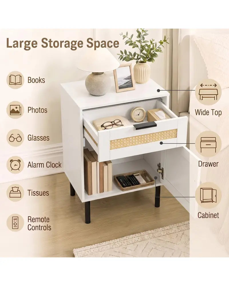Rattan Nightstand with Drawer and Storage Cabinet for Bedroom Dorm-White - White - Nightstands