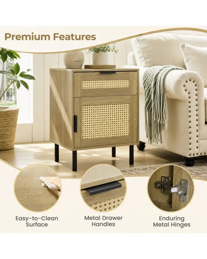 Rattan Nightstand with Drawer and Storage Cabinet for Bedroom Dorm-Natrual - Natural - Nightstands