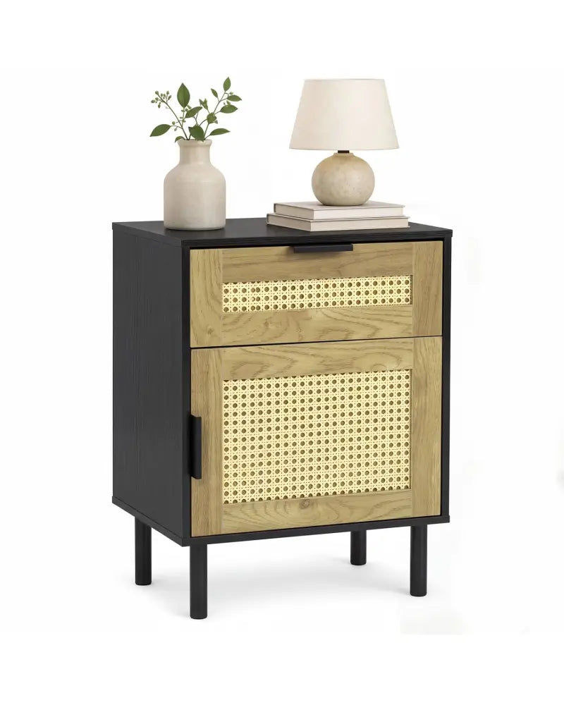 Rattan Nightstand with Drawer and Storage Cabinet for Bedroom Dorm-Black - Black - Nightstands