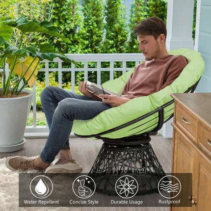 Rattan Papasan Chair Ergonomic 360-degree Swivel Soft Cushion Garden-Green - Green - Beach & Lawn Chairs