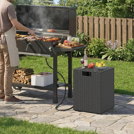 Rattan Propane Tank Cover Patio Hideaway Tank Side Table-Black - Black - Fire Pit Tables