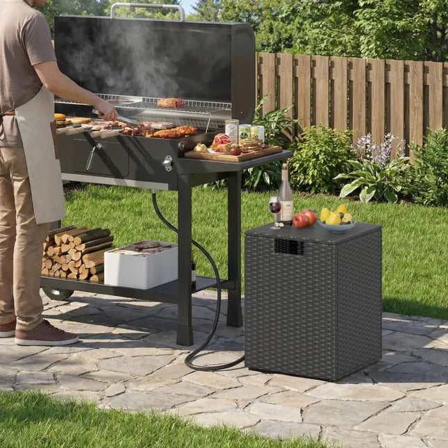 Rattan Propane Tank Cover Patio Hideaway Tank Side Table-Black - Black - Fire Pit Tables
