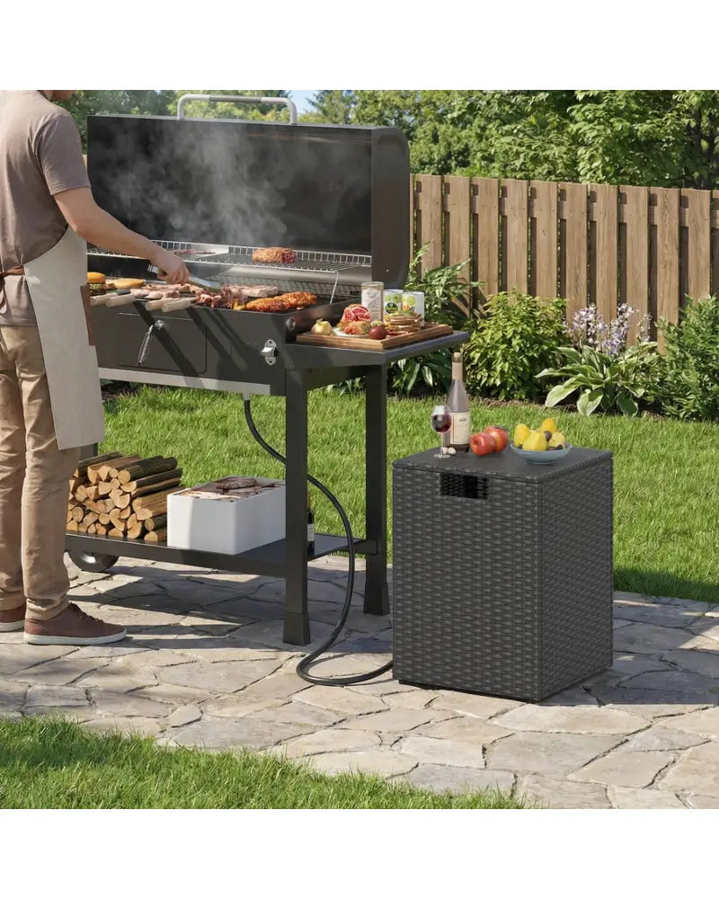 Rattan Propane Tank Cover Patio Hideaway Tank Side Table-Black - Black - Fire Pit Tables