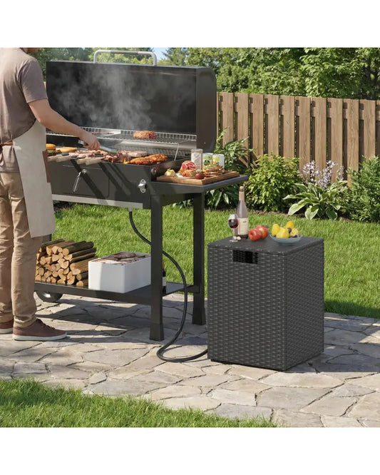 Rattan Propane Tank Cover Patio Hideaway Tank Side Table-Black - Black - Fire Pit Tables