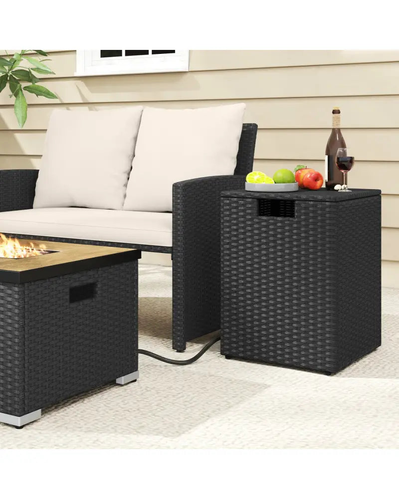 Rattan Propane Tank Cover Patio Hideaway Tank Side Table-Black - Black - Fire Pit Tables