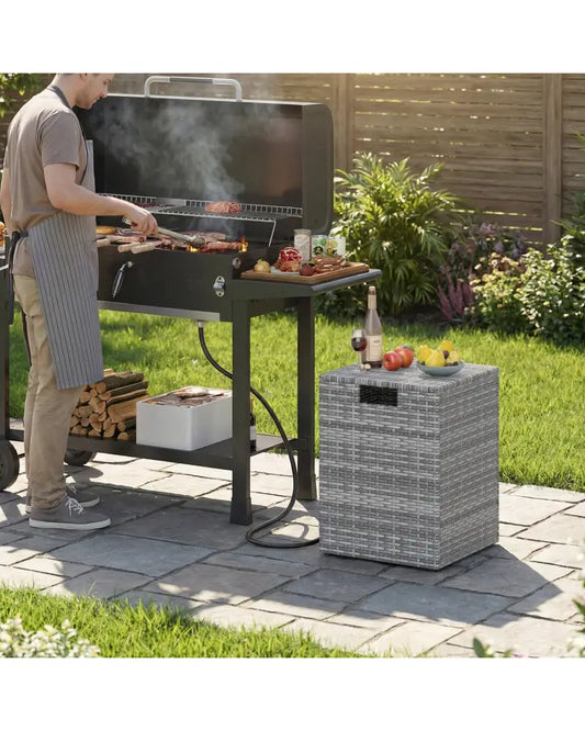 Rattan Propane Tank Cover Patio Hideaway Tank Side Table-Gray - Gray - Fire Pit Tables