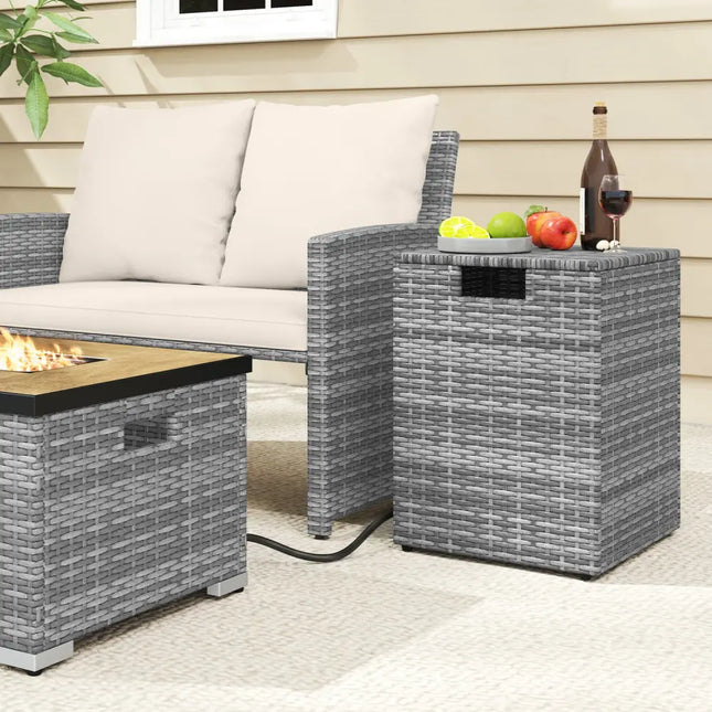 Rattan Propane Tank Cover Patio Hideaway Tank Side Table-Gray - Gray - Fire Pit Tables
