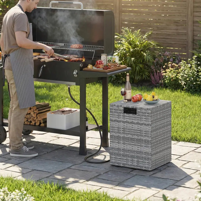 Rattan Propane Tank Cover Patio Hideaway Tank Side Table-Gray - Gray - Fire Pit Tables