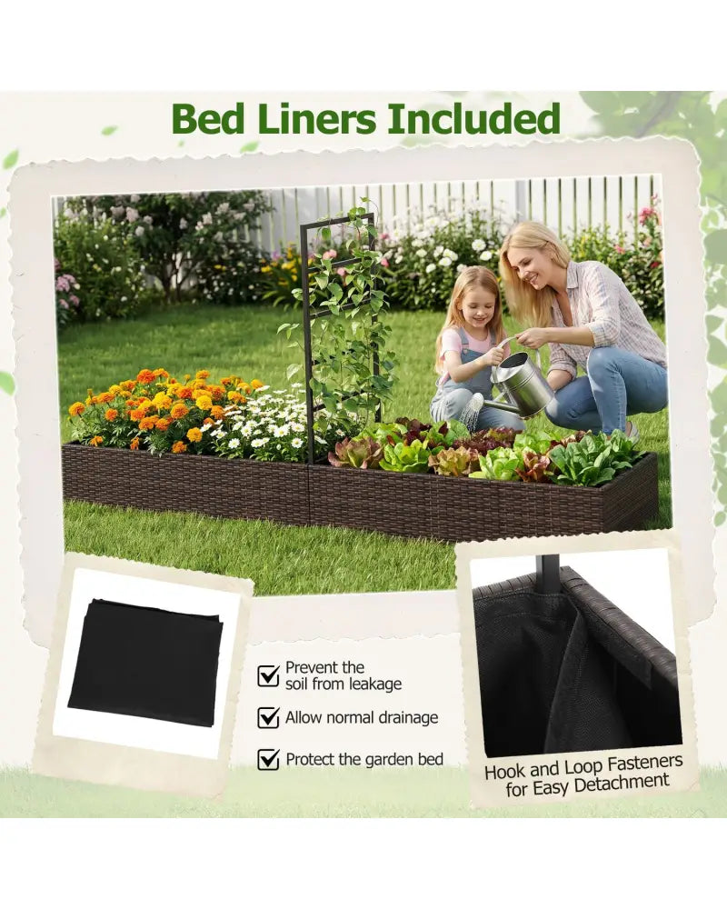 Rattan Raised Garden Bed with Trellis and 2 Planter Boxes-Brown - Brown - Raised Garden Beds