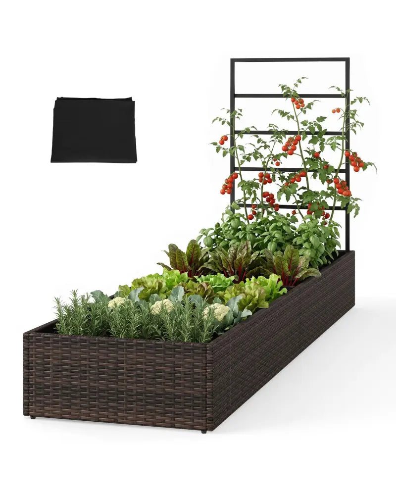 Rattan Raised Garden Bed with Trellis and 2 Planter Boxes-Brown - Brown - Raised Garden Beds