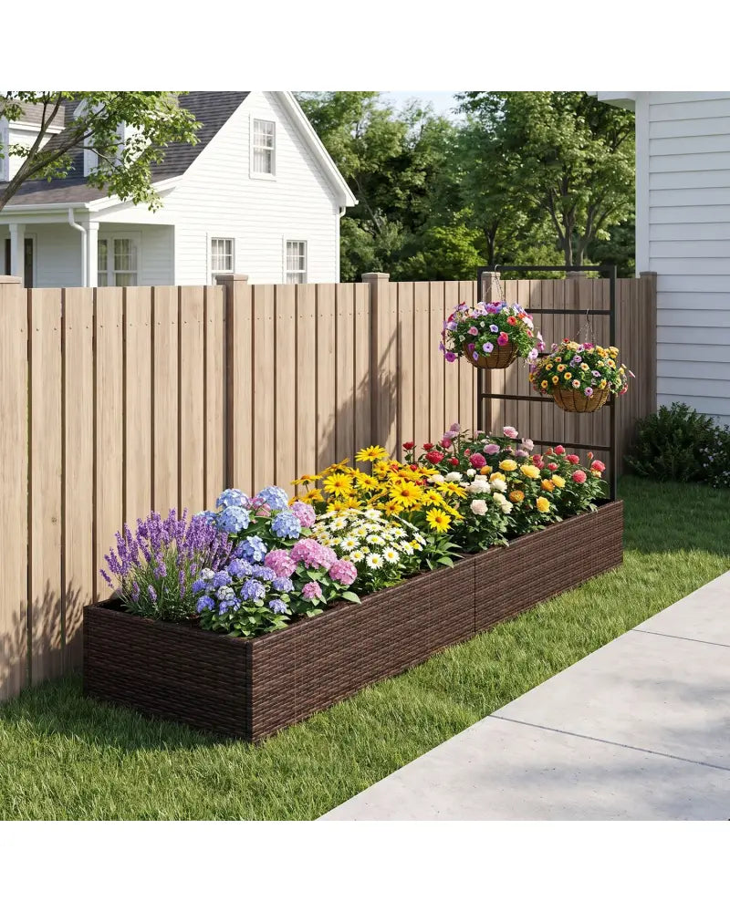 Rattan Raised Garden Bed with Trellis and 2 Planter Boxes-Brown - Brown - Raised Garden Beds