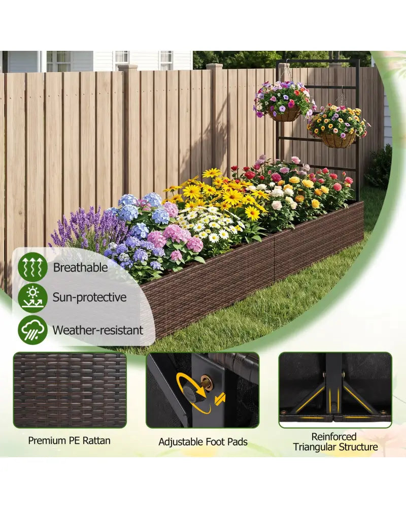 Rattan Raised Garden Bed with Trellis and 2 Planter Boxes-Brown - Brown - Raised Garden Beds