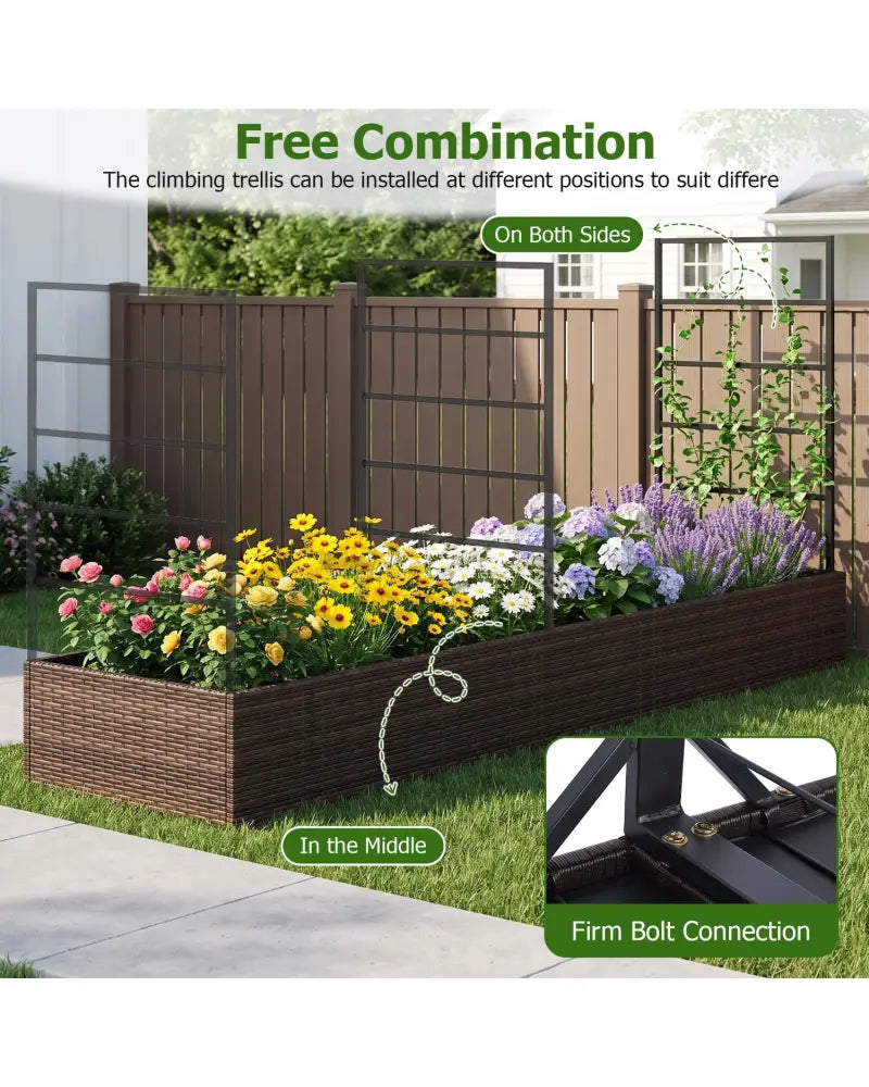 Rattan Raised Garden Bed with Trellis and 2 Planter Boxes-Brown - Brown - Raised Garden Beds