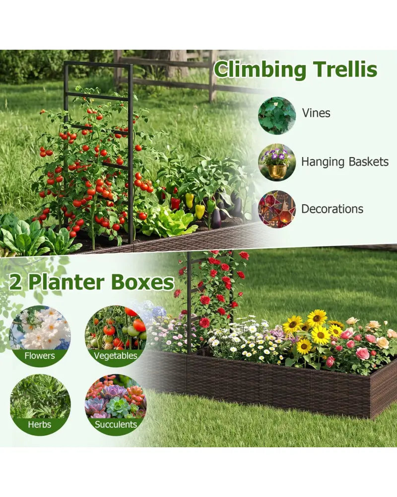 Rattan Raised Garden Bed with Trellis and 2 Planter Boxes-Brown - Brown - Raised Garden Beds