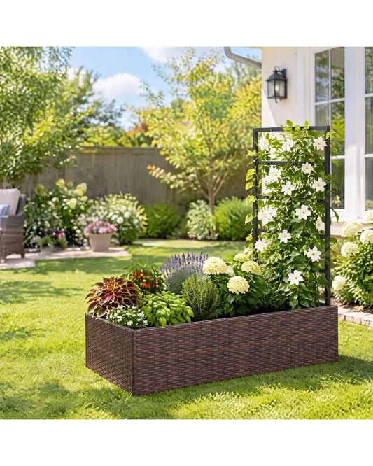 Rattan Raised Garden Bed with Trellis and Open-Ended Base for Patio Backyard Balcony-Brown - Brown - Raised Garden Beds