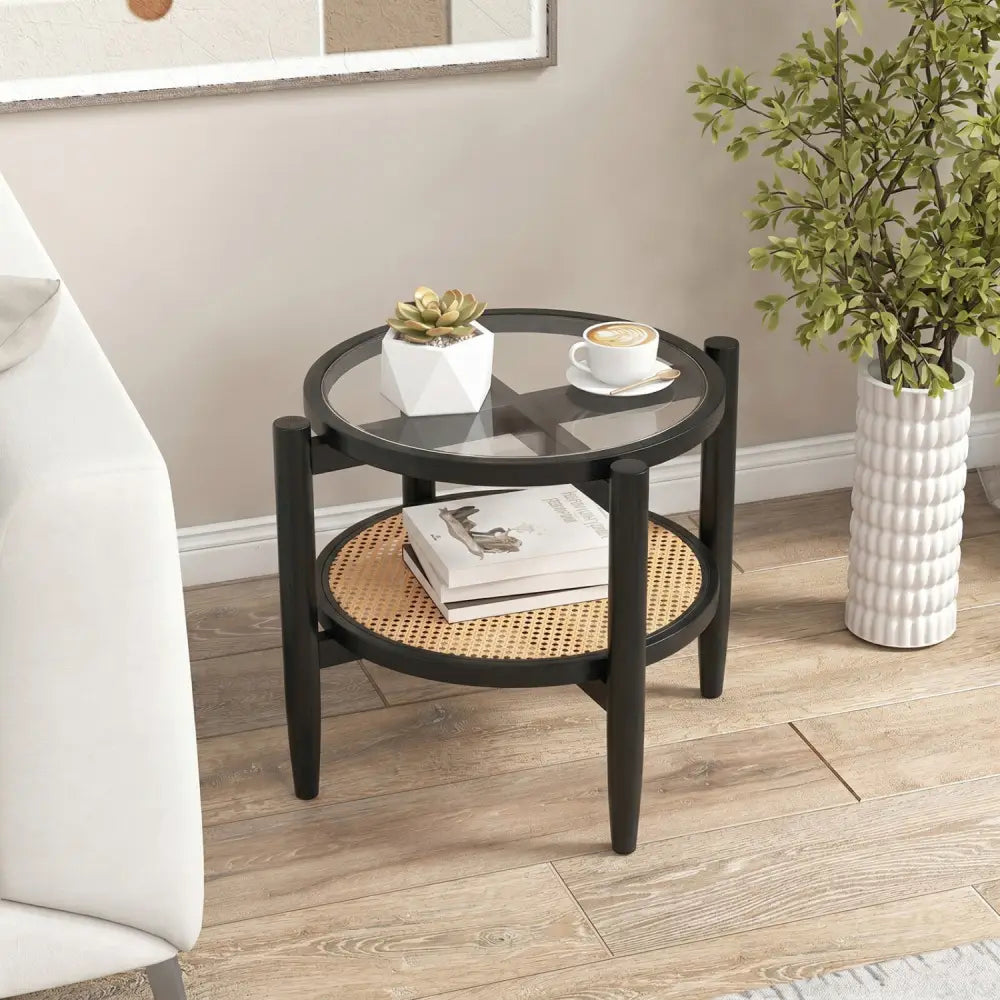 Rattan Round Side End Table with Tempered Glass Tabletop-Black - Black - End & Side Tables
