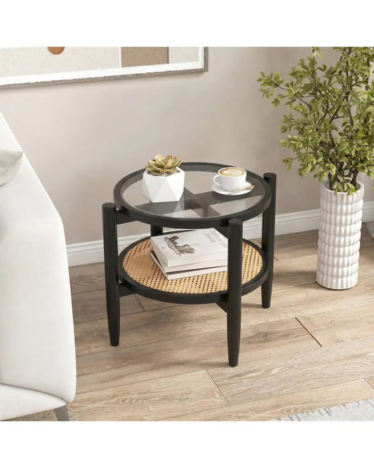 Rattan Round Side End Table with Tempered Glass Tabletop-Black - Black - End & Side Tables