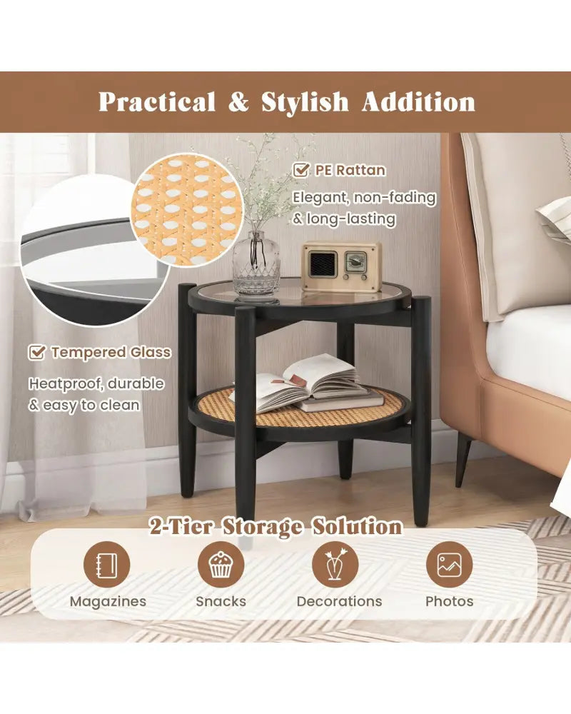 Rattan Round Side End Table with Tempered Glass Tabletop-Black - Black - End & Side Tables