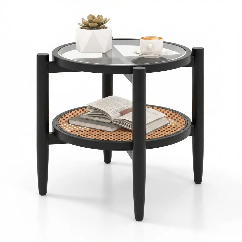Rattan Round Side End Table with Tempered Glass Tabletop-Black - Black - End & Side Tables