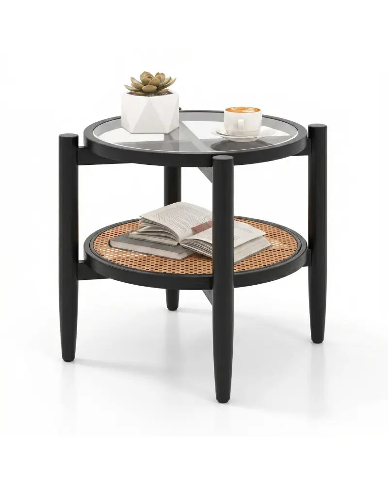 Rattan Round Side End Table with Tempered Glass Tabletop-Black - Black - End & Side Tables