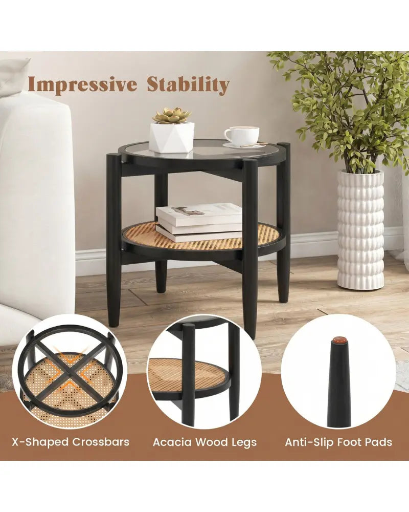 Rattan Round Side End Table with Tempered Glass Tabletop-Black - Black - End & Side Tables