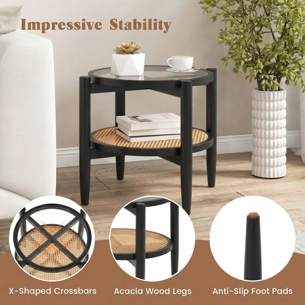 Rattan Round Side End Table with Tempered Glass Tabletop-Black - Black - End & Side Tables