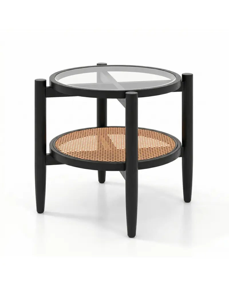 Rattan Round Side End Table with Tempered Glass Tabletop-Black - Black - End & Side Tables